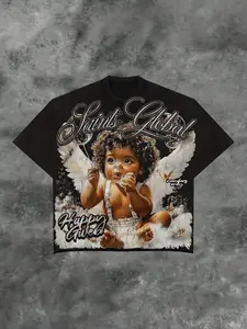 Unisex Saints Global Angel Baby Graphic T-Shirt, Heavyweight Cotton Vintage Wash, American Streetwear Y2K, CleanFit, Summer Casual Daily Top