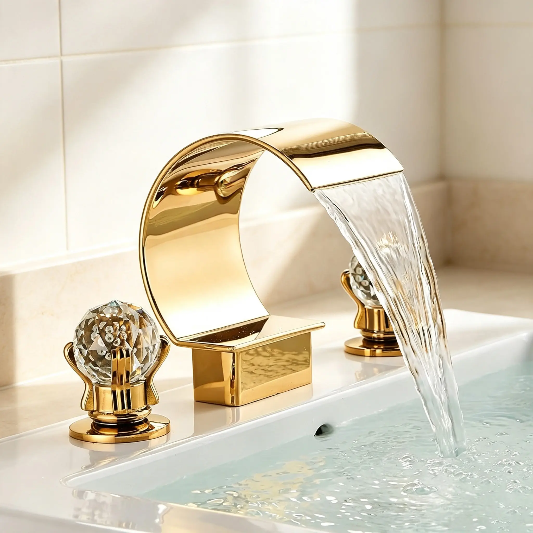 Widespread 3-Hole Mount Bathroom Sink Faucet, Double Crystal Handle Decorative Bath Faucet with Hot & Cold Supply Lines, Available in Black, Gold & Silver Finishes, Double Handle Faucet