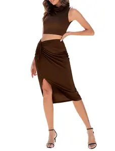 ZAFUL 2024 Two Piece Skirt Set With Slit For Women Summer Sets Vacation Outfits Cocktail Dresses Elegant Midi Dress knit 2piece