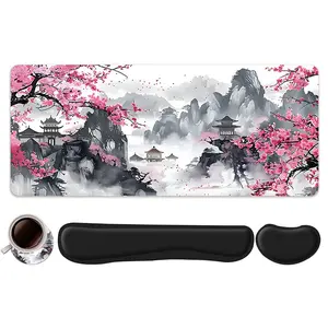 4pcs Chinese Ink Wash with Cherry Blossoms Design Mouse Pad + Keyboard Wrist Rest + Ergonomic Mouse Pad + Coaster Set For Desktop Decor, Office Accessories Set Ergonomic Wrist Support, Computer Mat Mouse Pad Coaster For Office Gaming, Desktop Accessory