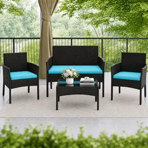 Yaheetech 4-Piece Outdoor Patio Furniture Set  PE Rattan Garden Sofa Set with Soft Cushions & Tempered Glass Table for Backyard Garden Poolside summervibes