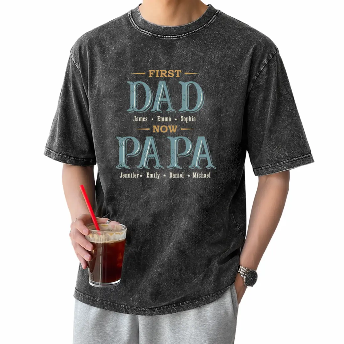 Men's Cotton T-Shirt - First Dad Now Grandpa Menswear Top, Customizable with Personal Name/Text, Soft Fabric Apparel, Perfect for Father's Day/Birthday, Unisex Casual Prints, Machine Washable Year-Round