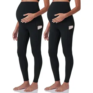 Women's Maternity Workout Leggings Over The Belly Pregnancy Yoga Pants with Pockets Soft Activewear Work Pants