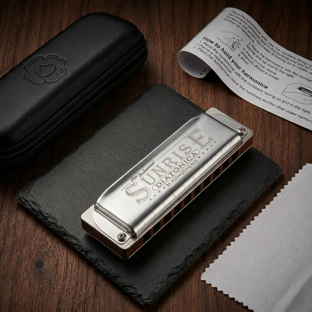 Kongsheng SUNRISE 10-Hole Blues Diatonic Harmonica - Musical Instruments with Rosewood Comb, Acoustic Open-Back Design, Mirror-Polished Stainless Steel Covers, Protective Case