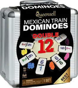 Queensell Mexican Train Domino Game Set with Numbers - Family Fun Game, 91 Tiles, 9 Trains, Wooden Hub, Score Pad, Portable Aluminum Case, 2-9 Players, Double 12