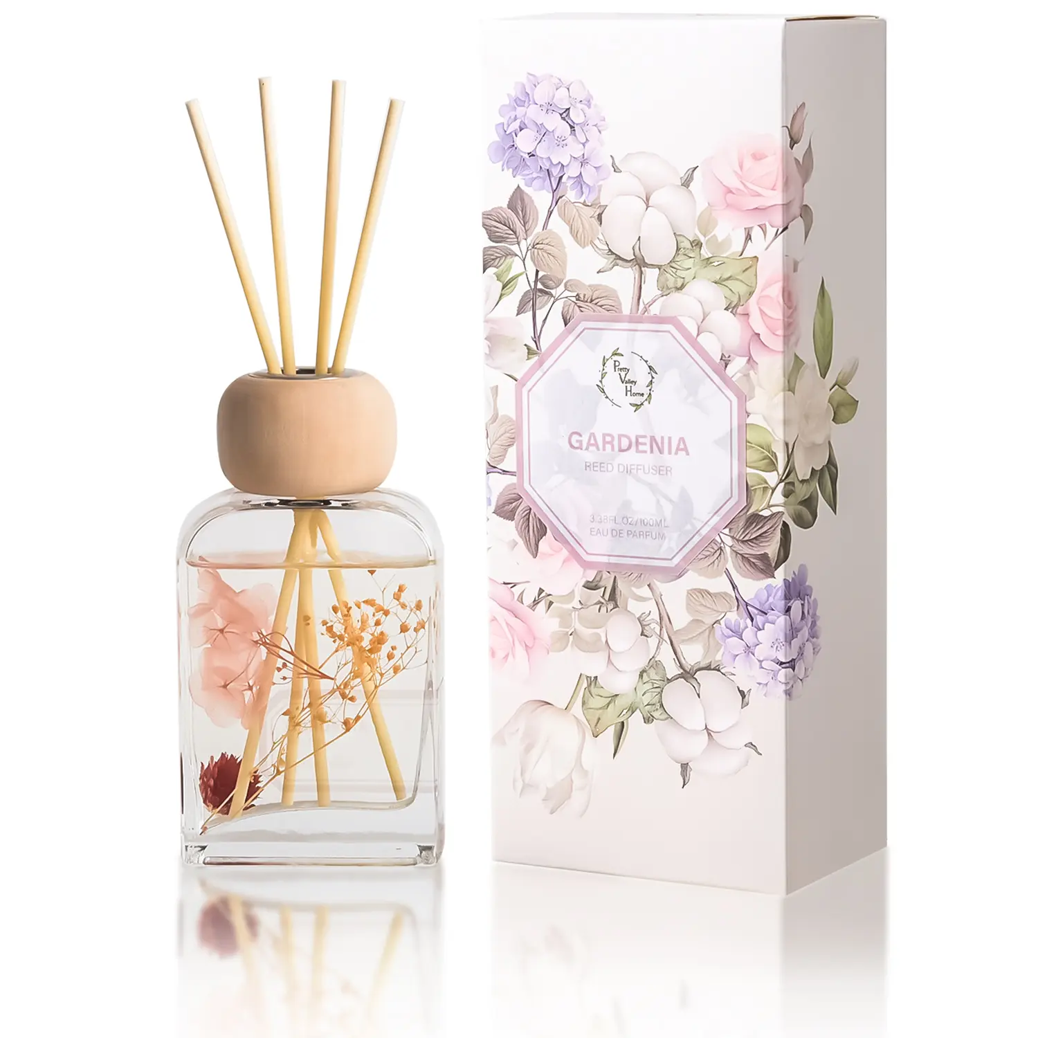 Pretty Valley Home-Gardenia Floral Reed Diffuser - Elegant Home Fragrance Gift Set (3.4 fl oz) - Decorative Glass Bottle with Sticks for Bathroom Shelf, Living Room & Housewarming Gift