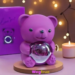 Mother's Day Gift Eternal Love Bear Romantic Purple Teddy Bear with Preserved Rose & Necklace in Elegant Gift Box for Women Valentine's Day Weddings Anniversaries Birthdays Christmas Set  Flowers(Purple,Red,Pink)