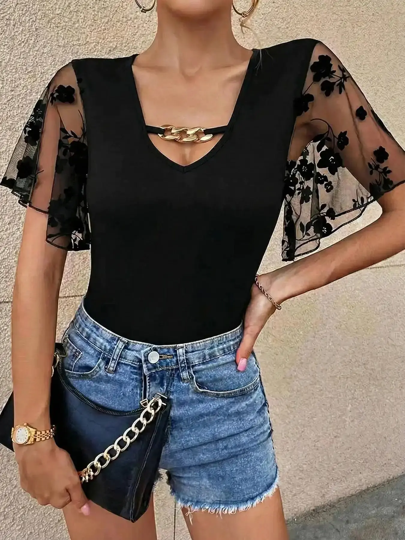 Women's Essential French Style Elegant Casual Top Everyday Outfits, Light Mature Plush Mesh Patchwork Deep V Neck, Romantic Sexy Vacation Date Petal Sleeve Top Blouse Womenswear, Lingerie Set, Travel Clothes, Comfort Fit
