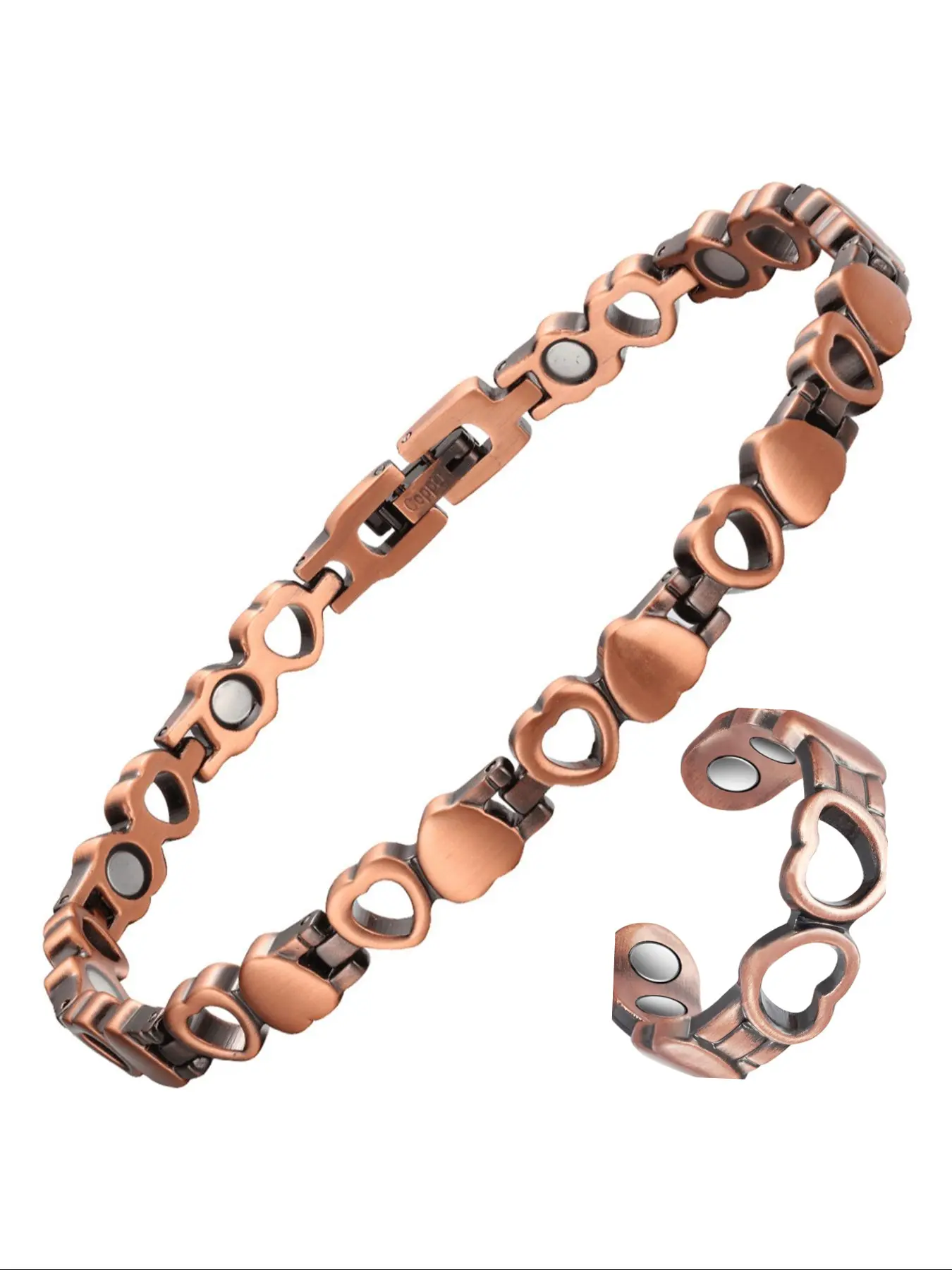 Women's Cute Copper Magnetic Bracelet and Ring Set, 99.99% Pure Copper, Heart Design Healing Jewelry, Adjustable Size, Gift for Women, Wearable