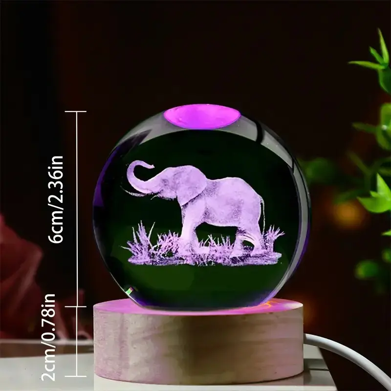 3D Elephant Crystal Ball Decorative Night Light Elephant Gift for Women 60mm Elephant Figurine Glass Holiday Decorative Light Vibrant Colors Unique Room Decor Ornament Birthday Christmas Party Gift for Boys Girls Teens