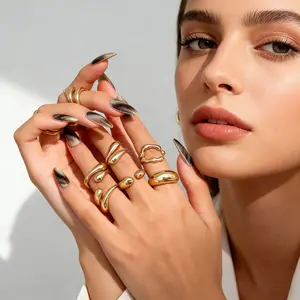 6-piece set of curved metal-finish rings, open design, minimalist style, geometric and irregular joint rings, stackable rings for women