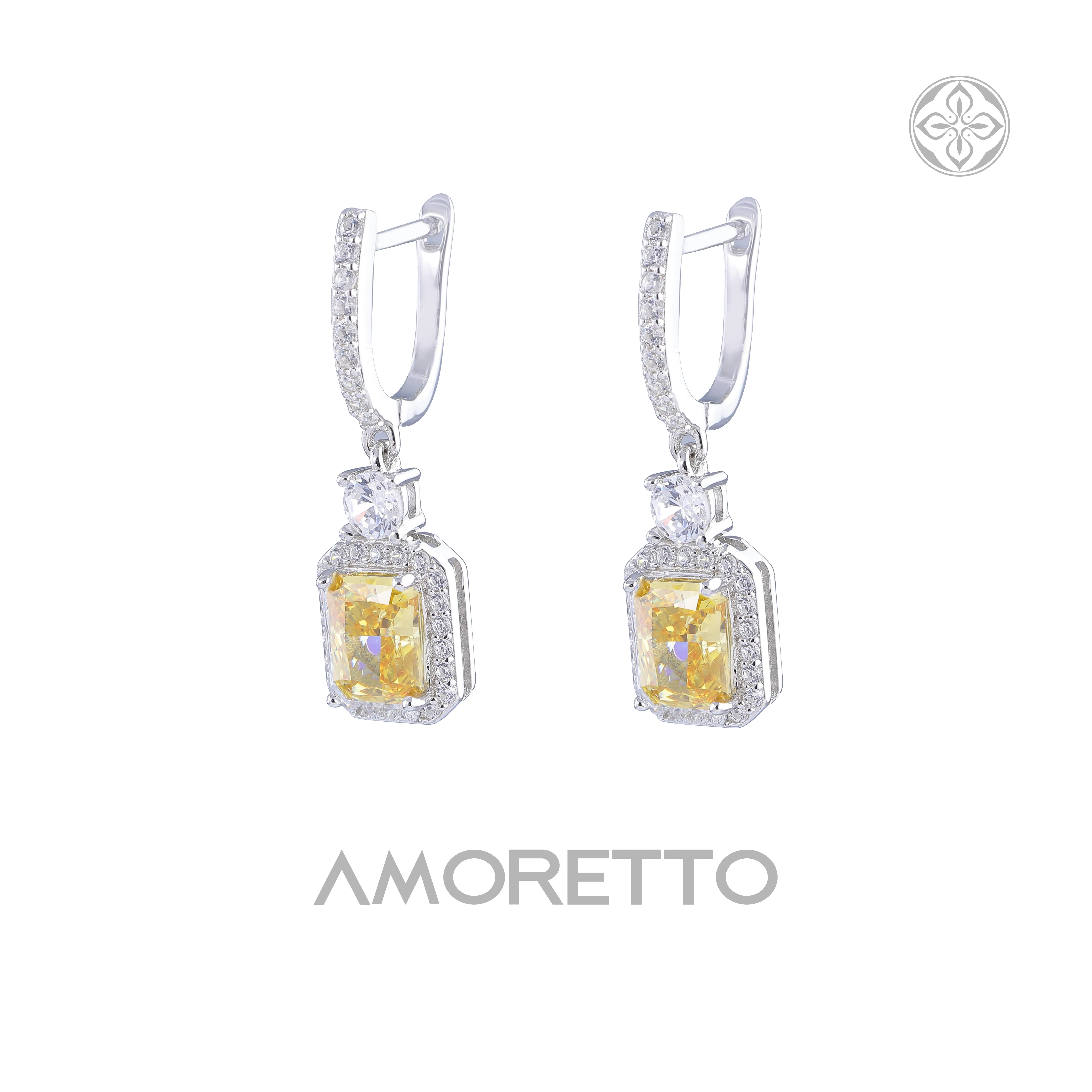 AMORETTO Canary Yellow Cushion Cut Halo Drop Earrings 18K Gold Plated Brass Modern Elegance Statement Leverback Jewelry for Women