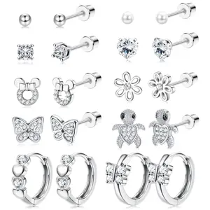 Zelores 10 Pairs Hypoallergenic Stud Earrings Set for Women, 20G Stainless Steel Heart Flower Butterfly Zircon Earrings, Perfect for Daily Outings & Christmas Parties