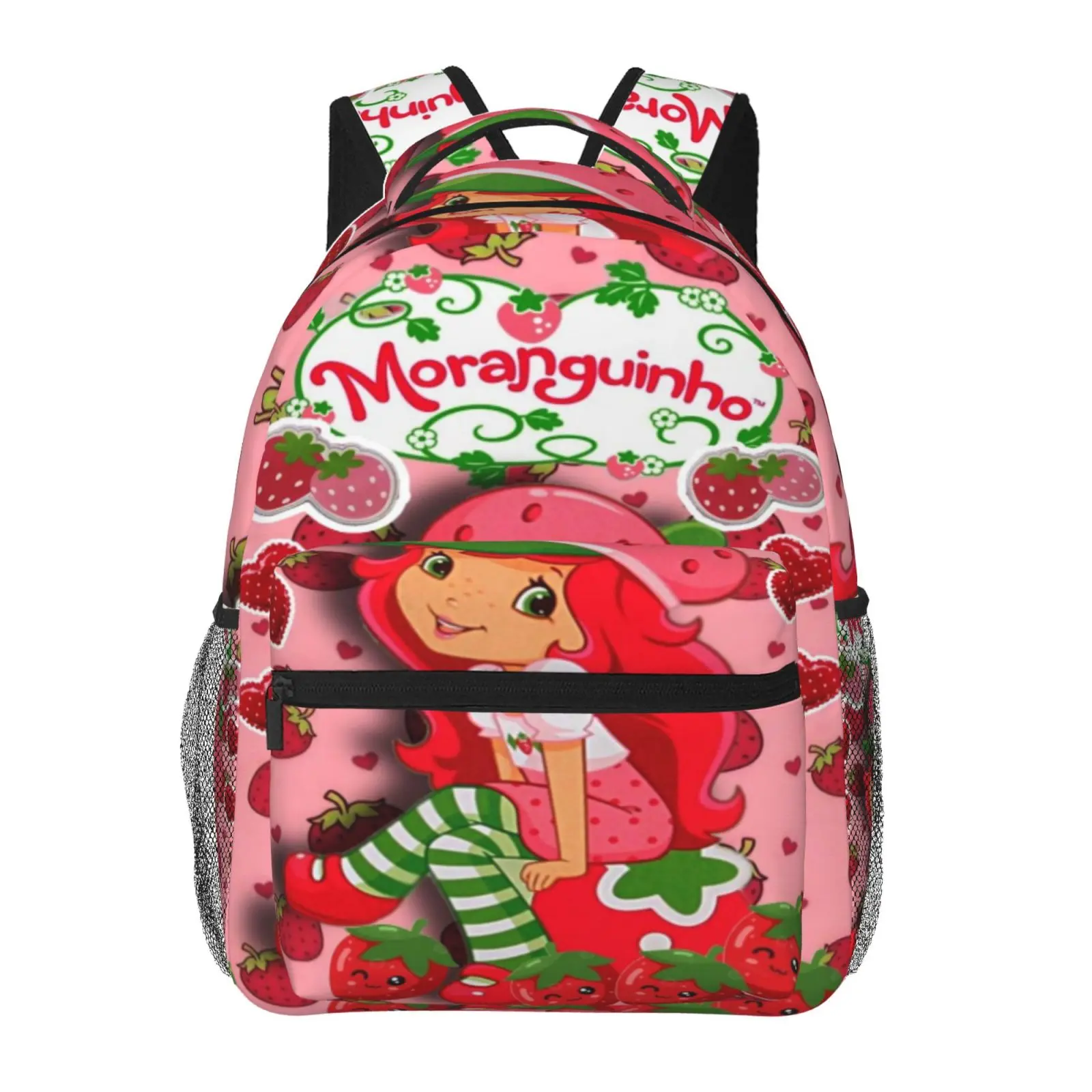 Kids Moranguinho Pink Strawberry Hearts Strawberry Shortcake Backpacks for School Large Capacity Full Print Strawberry Shortcake Laptop Daypack for Campus Daily Commute Durable Lightweight Strawberry Shortcake School Bag for Teens Students