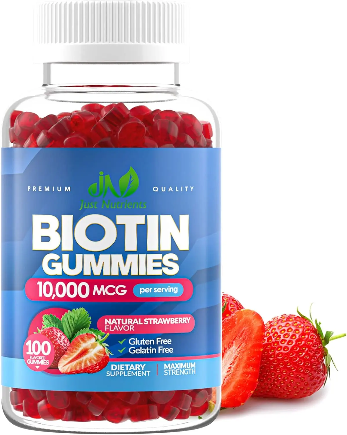 Biotin 10,000mcg Gummies for Hair Growth, Skin & Nails (100 Count) - 2x Maximum Strength Biotin Vitamins for Women & Men - Gluten-Free, Vegan, Great Tasting Strawberry Flavor - 100 Gummies