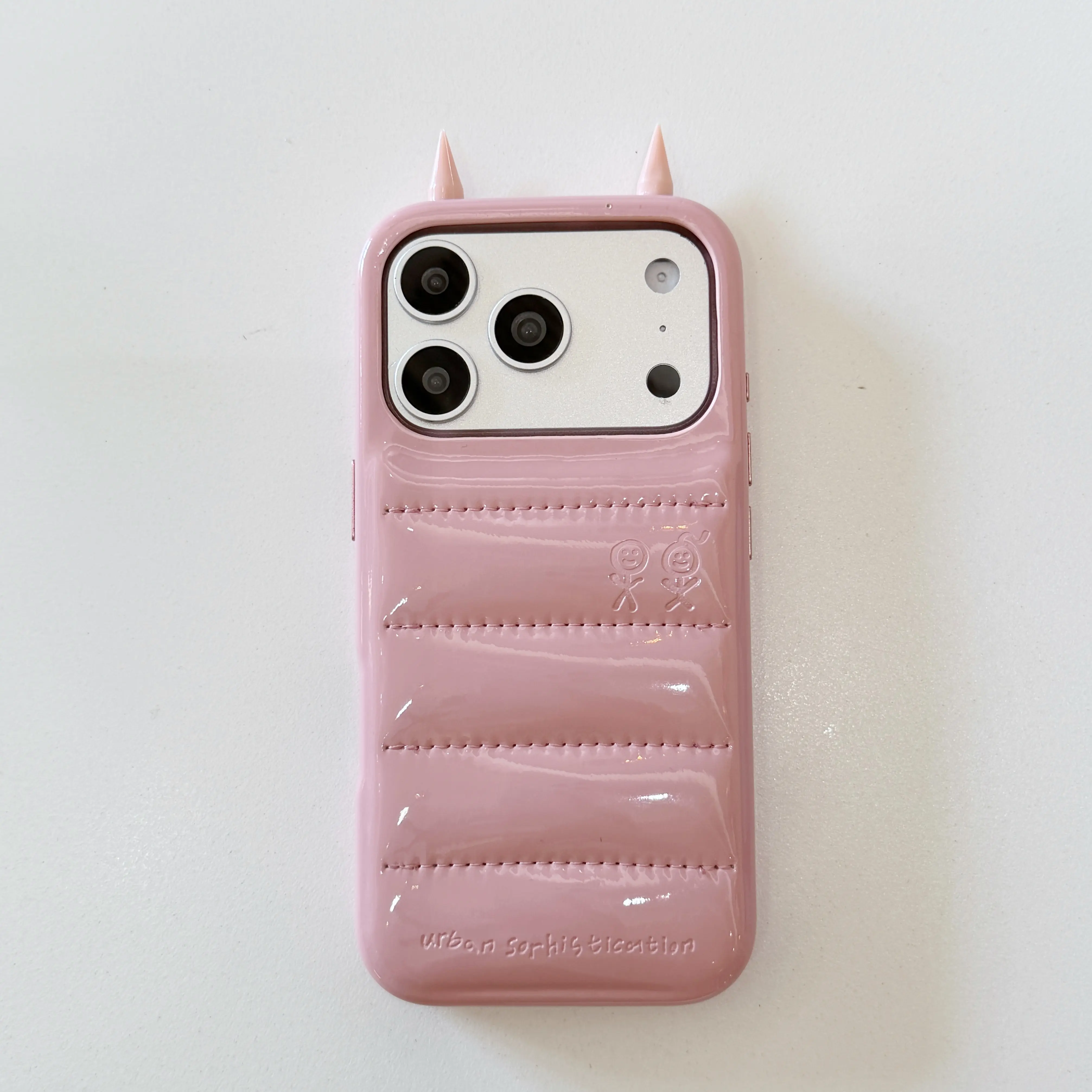 3D Devil Horn Puffer Leather Phone Case for iPhone - Quilted Down Jacket Texture, Shockproof Soft Protective Cover for Girls shiny