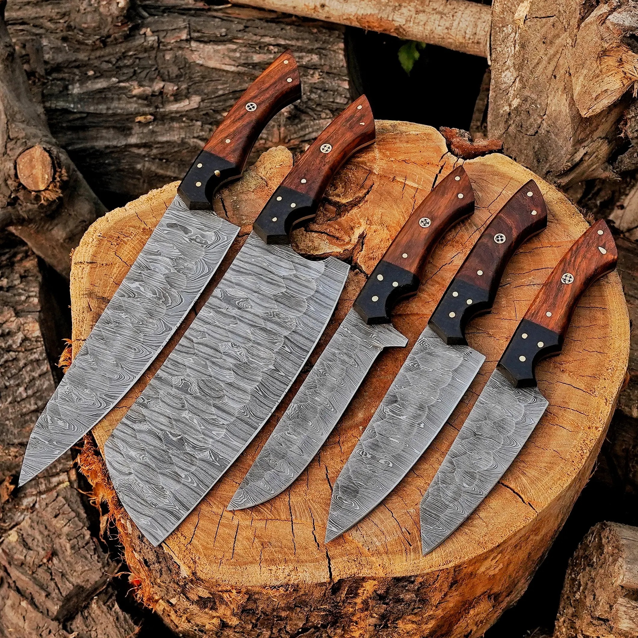 Handmade Damascus Chef Knife Set: Walnut Handle, Artisan Kitchen Knives Gift for Chef
