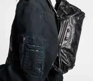 Barbie Pink/black  shibuya style Cracked Wax Leather Large Shoulder Bag