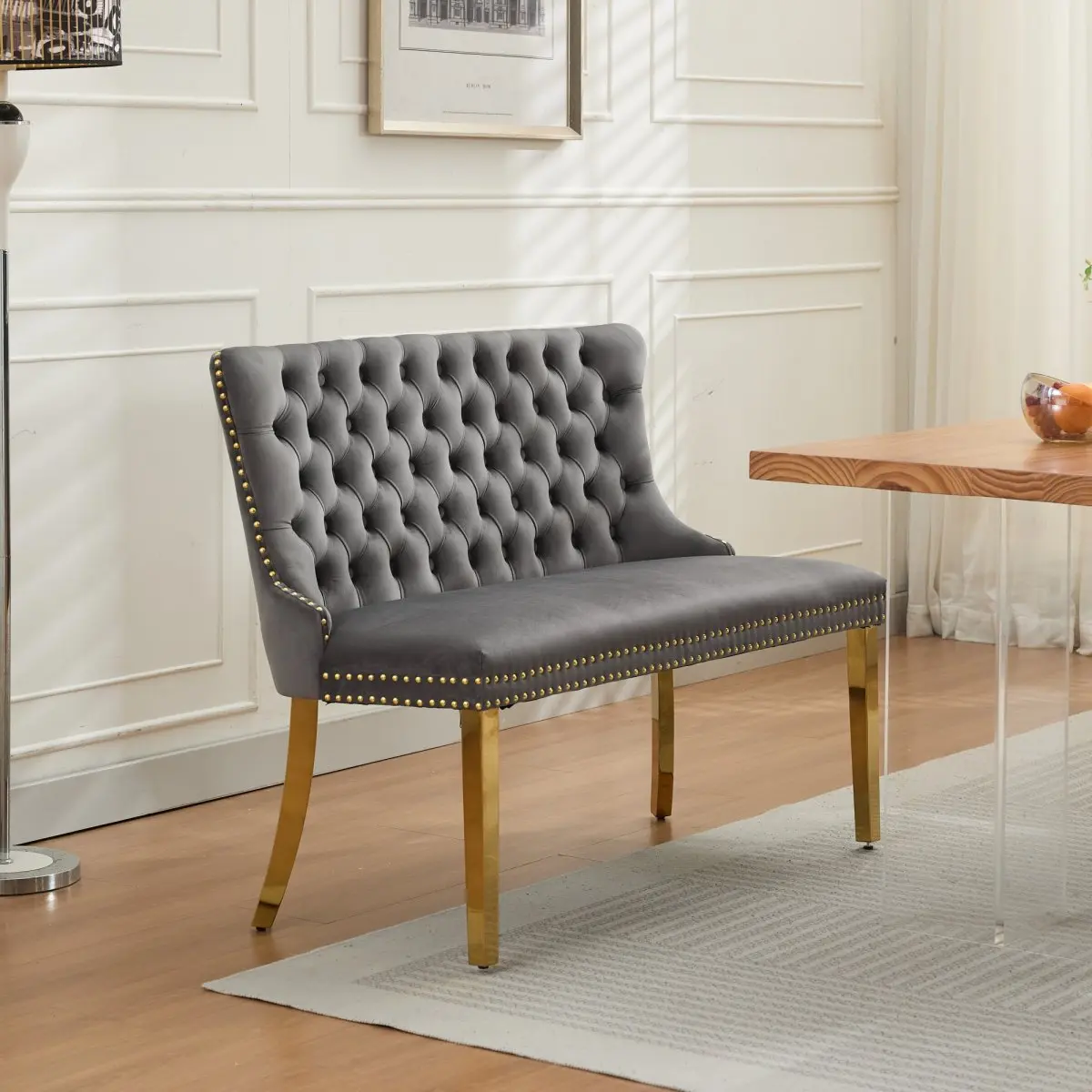 Gray Mid-Century Modern 2-Seat Tufted Wingback Dining Loveseat Bench - Soft Velvet, Tufted Buttons, Gold-Plated Stainless Steel Legs, Modern Style Kitchen Furniture, Metal Kitchen Furniture, Single Pack SW1602GY - Indoor Seating for Family Meals