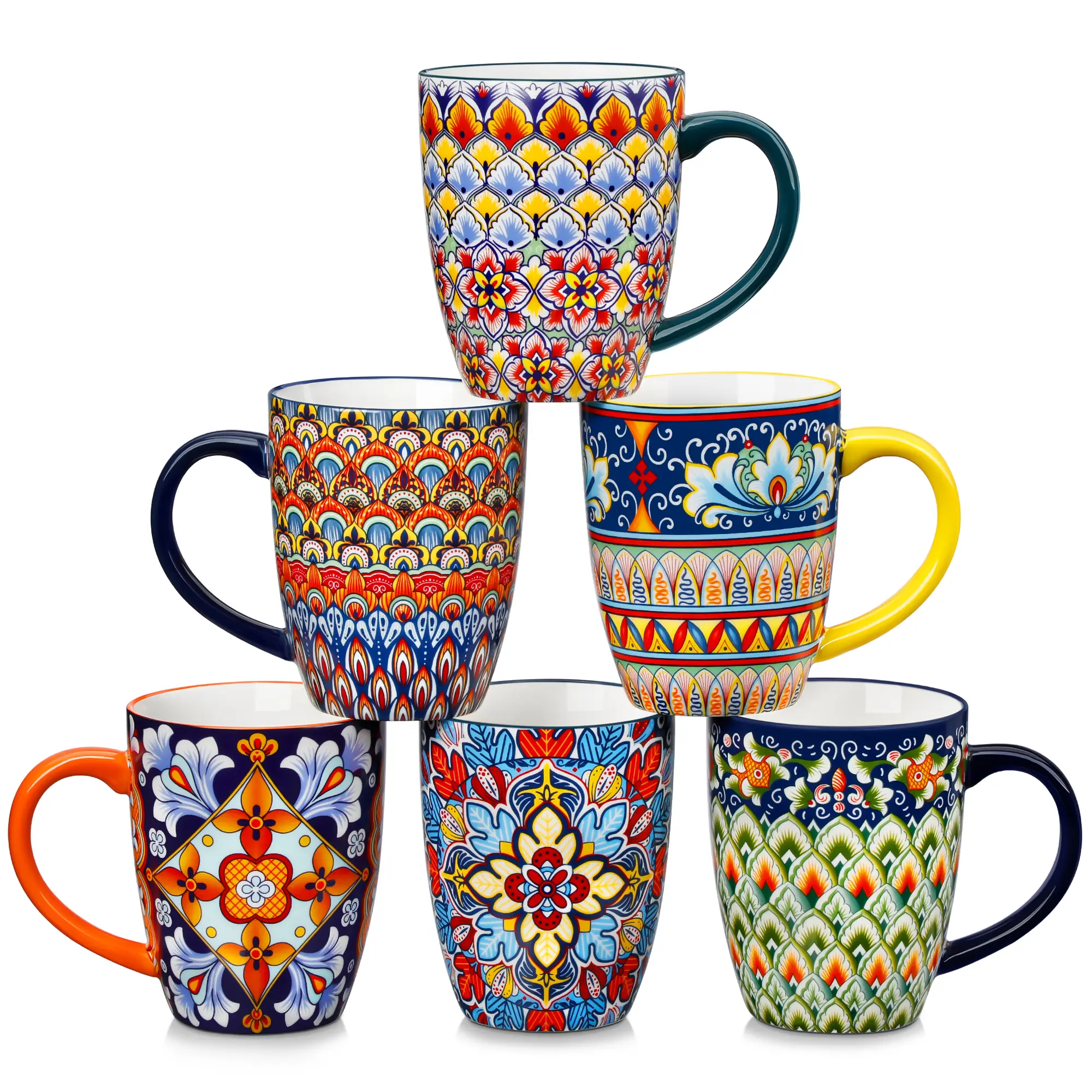 vancasso SIMI Mugs Set, 16oz/480ml Porcelain Coffee Mug Set of 6, Bohemian Style Tea and Coffee Cups with Handle, Microwave & Dishwasher Safe, Suitabl
