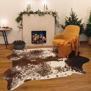 Exquisite Faux Fur Cowhide Rug, Cow Hide Western Room Decor Rug for Living Room Bedroom, Non Slip Cute Cow Animal-S Print Floor Carpet for Kids Family, White and Brown
