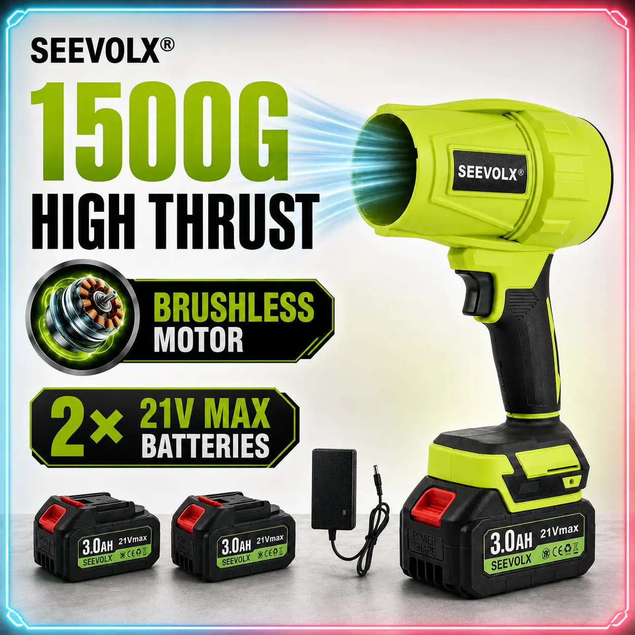 【Weekly Deals】SEEVOLX 1500G Brushless Handheld Cordless Super Power Lithium Battery Blower, Portable Air Duster with 2×21V Batteries & Charger for Leaf, Car Drying, Garage Cleaning, Super Power Blower, Handheld Cordless Blower