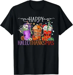 Happy Hallothanksmas Halloween Thanksgiving Christmas T-Shirt Casual Style;Retro Styles