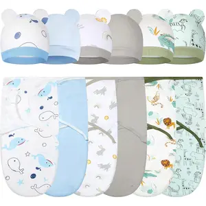 6 Pack Baby Swaddle Blanket with Hat 100% Cotton Unisex 0-3 Months Adjustable Breathable Skin-Friendly Wrap Newborn Must-Have