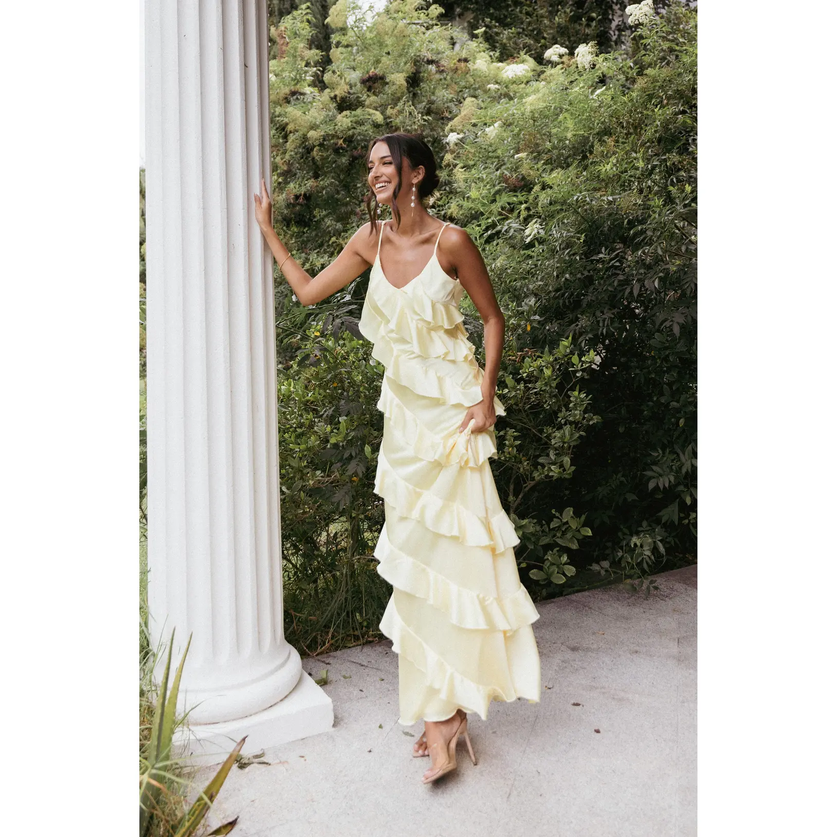 Ciao Ruffles Maxi Satin Dress - Pale Yellow
