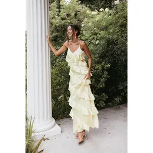 Ciao Ruffles Maxi Satin Dress - Pale Yellow