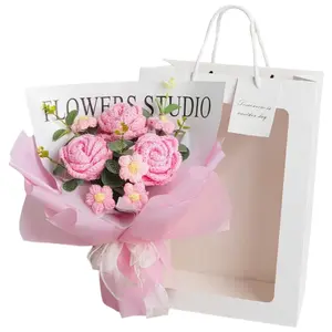 Mother's Day Gift for Mom Crochet Rose Bouquet Elegant Knitted Artificial Flowers Includes LED Light String Cozy Cotton Yarn Floral Gift Set for Women Birthday