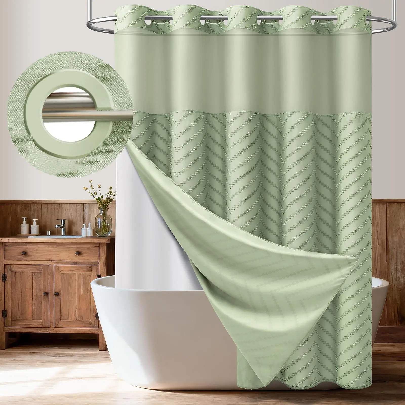 Hookless Boho Tufted Chevron Striped Shower Curtain, Waterproof & Washable, Removable White Outer Layer, Modern Textured Design, See-Through Mesh Top Window, for Bathroom & Hotel, 71 × 74 Inch