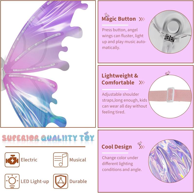 Electric LED Fairy Butterfly Wings with Lights & Music, Light Up Moving Costume Wings for Girls & Women, Multicolor Princess Dress Up Toy for Halloween, Birthday, Christmas, Party, Cosplay & Role Play