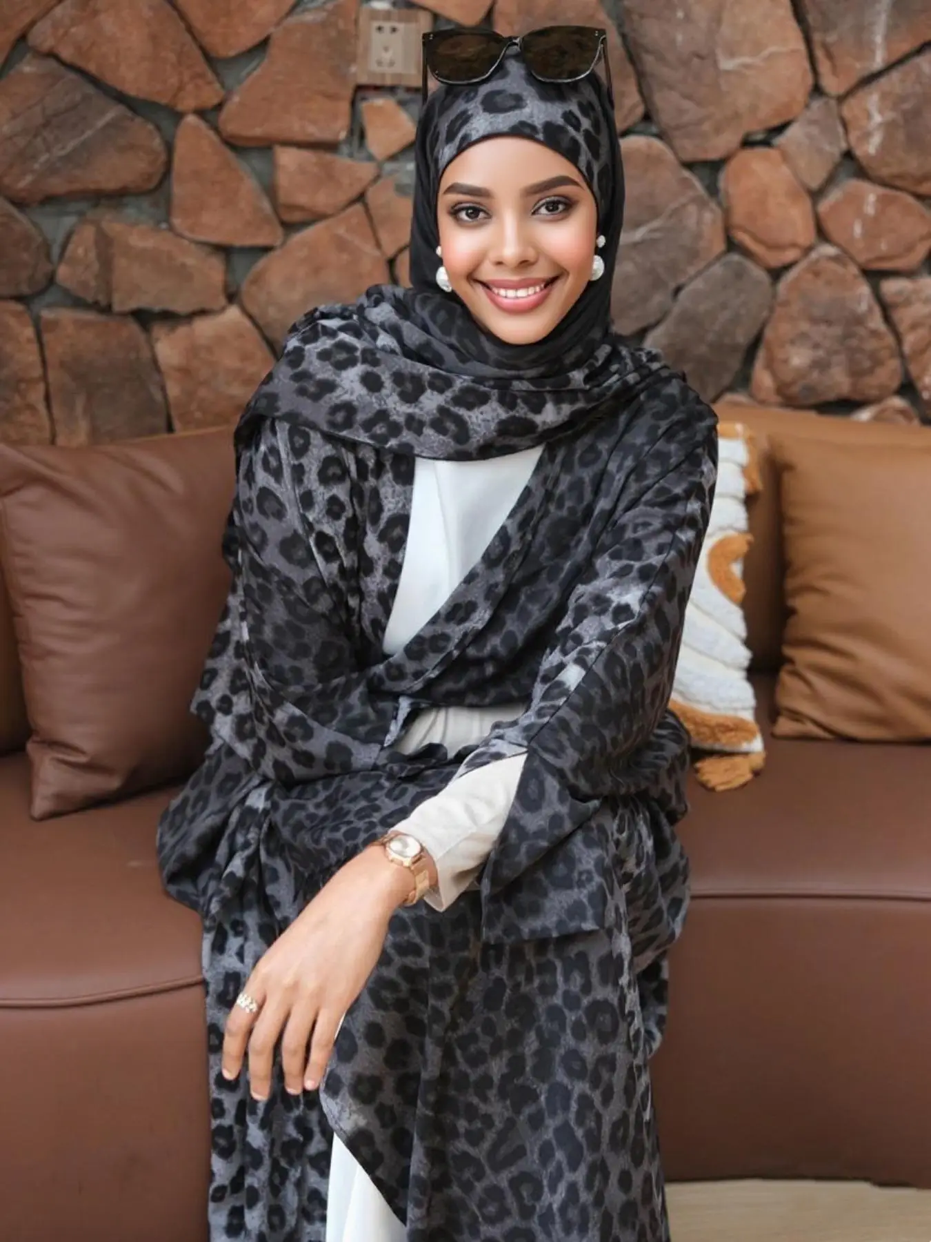Women's Leopard Print Abaya Set, Elegant Long Sleeve Open Front Abaya & Headscarf Set, Fashion Islamic Clothing for Daily Wear