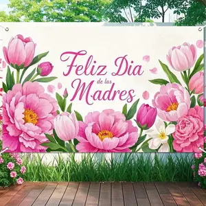 1PC,2D Flat Spanish Feliz Dia de las Madres Mother's Day Backdrop, Pink Flower Theme Party Decor Banner, Outdoor Indoor Festival Decoration, Photo Background Wall Tapestry for Mother's Day Celebra