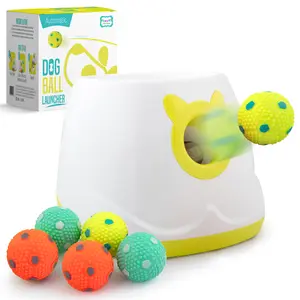 Automatic Dog Ball Launcher - Dog Ball Fetch Machine, Ball Thrower for Dogs, for Small to Medium Sized Dogs, Interactive Dog Toy with 6 Latex Balls, Plug-in & Battery Options - 4 Launch Distances
