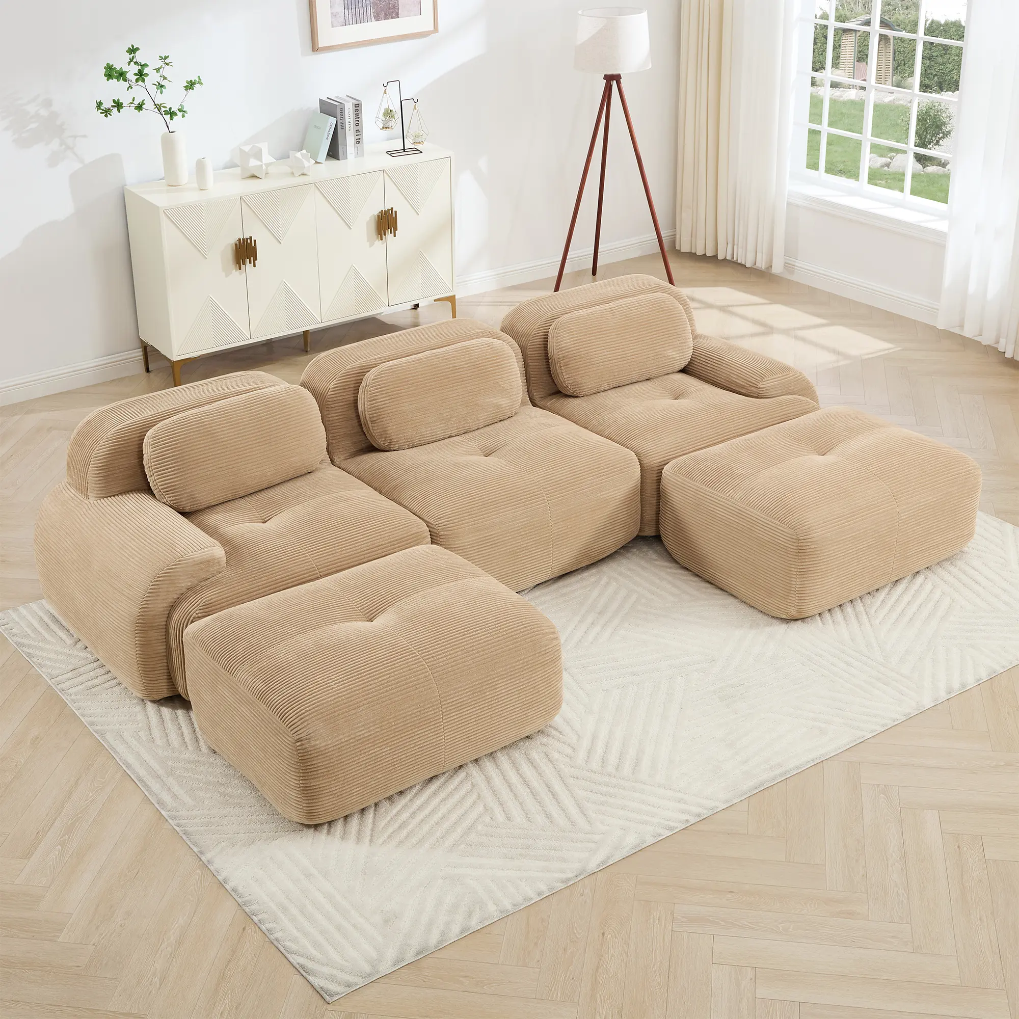 Camel Corduroy U Shaped Modular Sectional Sofa, No Assembly Required Modular Couch with Extra-Wide Curved Armrests, 32D High-Resilience Sponge Cushions, Anti-Slip Bottom, Pet-Friendly Fabric for Living Room, Bedroom, Apartment