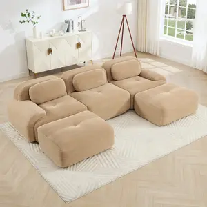 Camel Corduroy U Shaped Modular Sectional Sofa, No Assembly Required Modular Couch with Extra-Wide Curved Armrests, 32D High-Resilience Sponge Cushions, Anti-Slip Bottom, Pet-Friendly Fabric for Living Room, Bedroom, Apartment