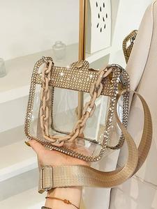 transparent saddle bag with diamond chain, stylish pvc crossbody shoulder bag for fashion lovers, chic accessory for any, fashionable crossbody bag, crossbody purses