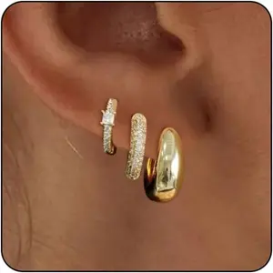 Gold Hoop Earrings Set for Women Trendy, 14K Gold Plated Lightweight Small Gold Hoop Earrings Chunky Open Hoops Earrings Jewelry Gifts,Car Interior Accessories