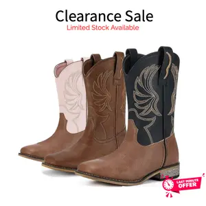 Clearance Sale Black Cowboy Boots for Women Embroidered Western Cowgirl Boots Mid Calf Square Toe Block Heel Boots Retro Vintage Style Casual Riding Boots for Women outdoorfun