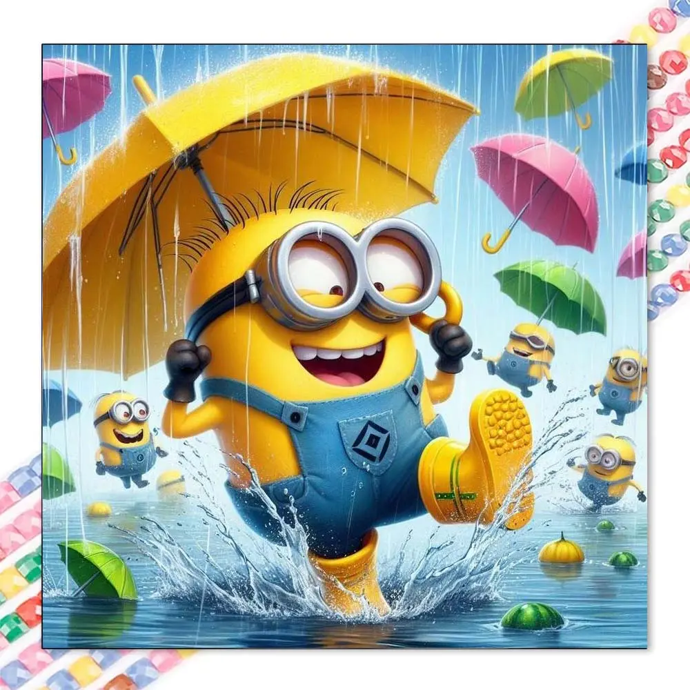 A set of DIY diamond painting kit, 5D diamond art kit, DIY decorations of Minions, umbrella, and puddle. Mosaic, diamond art, DIY art home decor.
