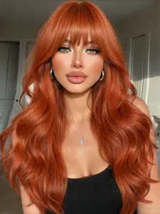 30 inch Long Wavy Orange Wig with Bangs, Fashionable Long Wavy Orange Wig Made of Heat-Resistant Synthetic Fibers, Suitable for Everyday Use, Parties, and Festivals, Heat Resistant Wigs