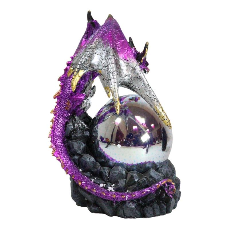 Purple Silver Gold Wyvern Dragon On Rocky Cliff With LED Optic Ball Figurine