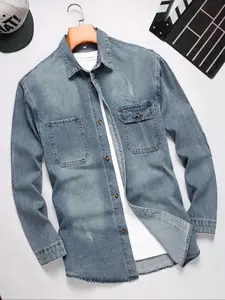 Men's Regular Fit Denim Shirt Collared, Button Front Shirt, Casual Long Sleeve Button Up Top for Spring & Fall, Fashion Men's Clothes for Daily Wear, Cotton