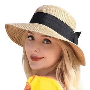 Beach Sun Straw Hats for Women, UPF 50+ UV Sun Protection Wide Brim Summer Straw Hat Foldable Packable Roll up Cap