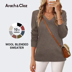 Arach&Cloz 2026 Womens Wool Blend Sweater Soft V Neck Long Sleeve Spring Fashion Pullover Tops Business Casual Outfits