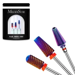 MelodySusie 3Pcs Nail Drill Bits Set, 3/32'' Carbide Tungsten Bits, 5 in 1, Smooth Round Top Large Barrel and Tornado Bits, Suitable for Manicure Pedicure Cuticle Gel Acrylic Remover, Purple