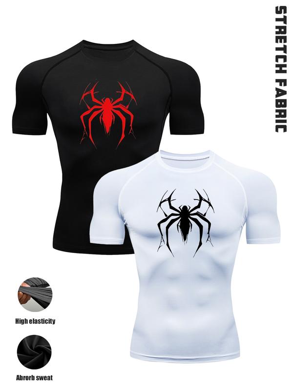 Men’s 2 Pack Gothic Workout T-Shirts, Cool Print Design, Stretch Fit Compression Shirts for Intense Training, Polyester Blend, Black White Set, Ideal for Gym, Strength Training, Streetwear & Casual Wear