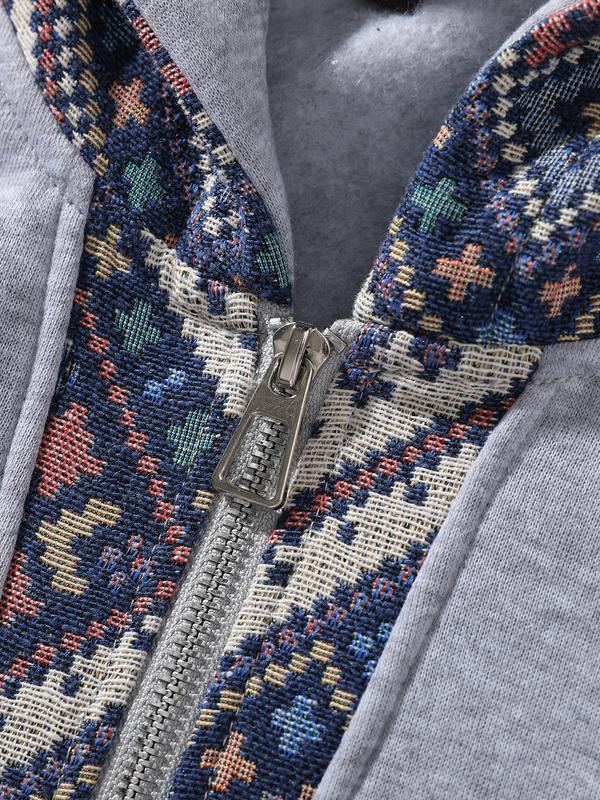 Men's Ethnic Pattern Color Block Hoodie Long Sleeve Quarter Zip Pullover Sweatshirt for Casual Wear emo outfits Grey Stylish Menswear